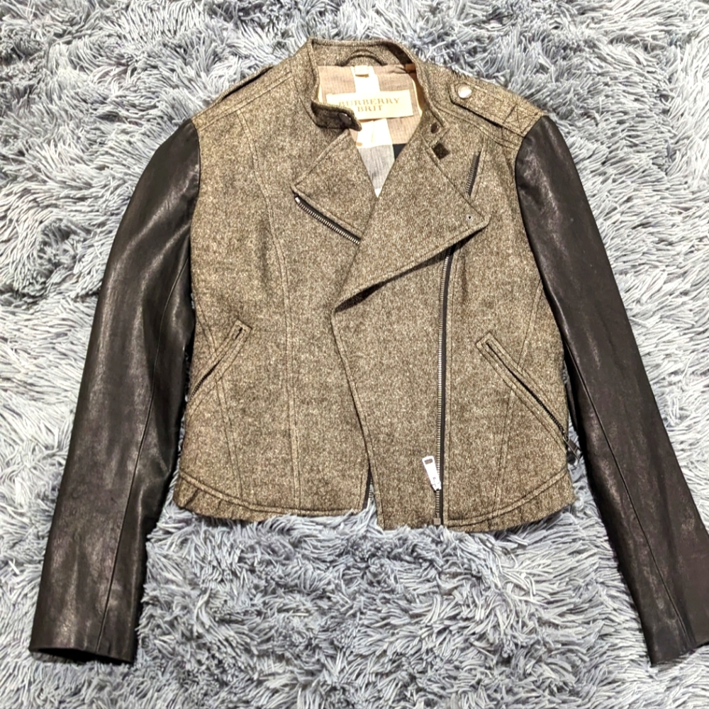 Like New Burberry Brit Contrast Sleeve Biker Jacket
